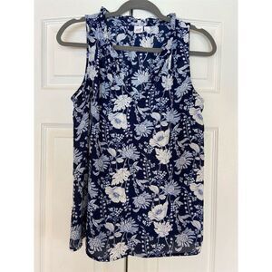 Women's Blue Floral Sleeveless V-Neck Blouse Size S